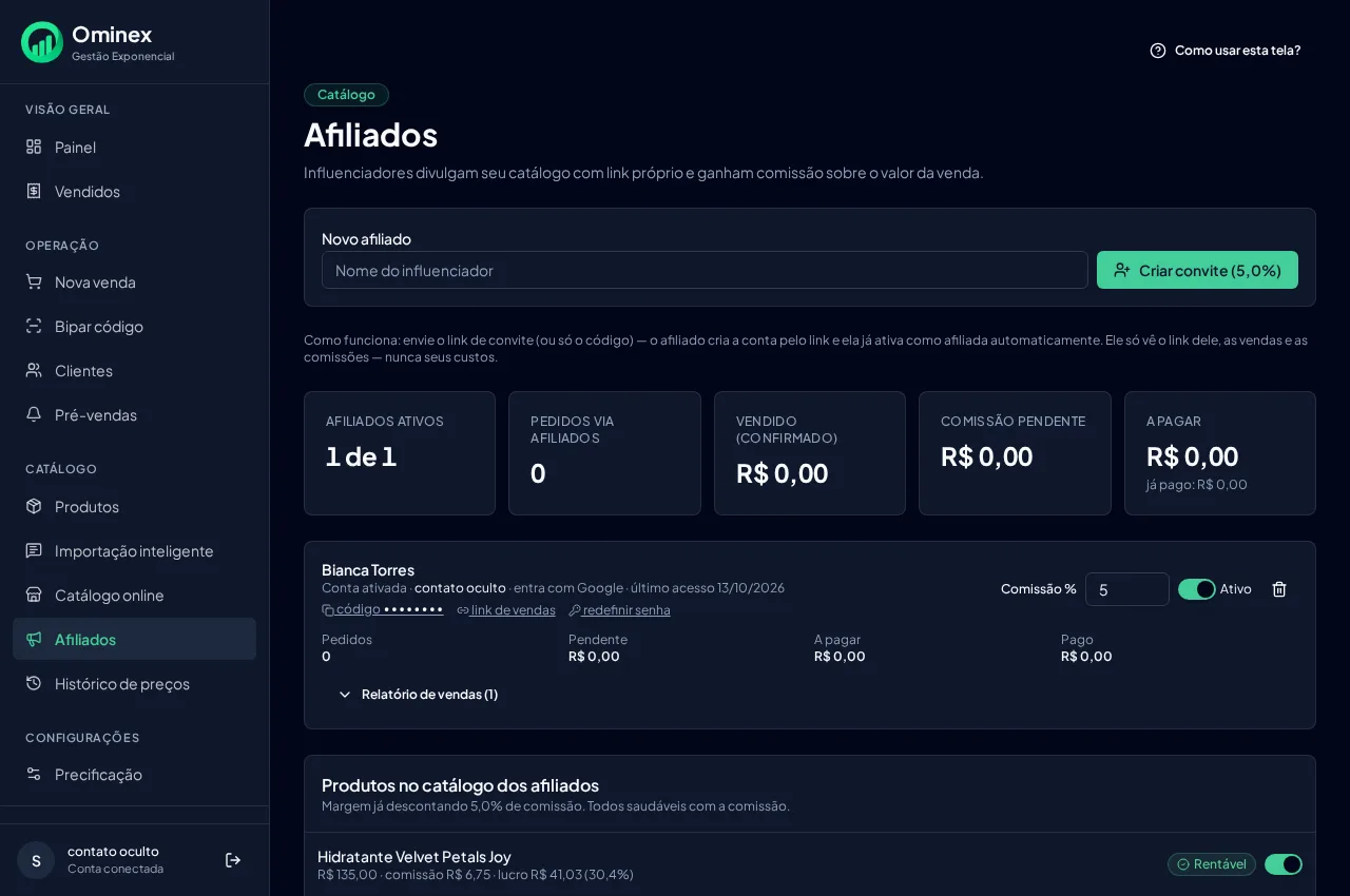 Tela real da Ominex: Painel de afiliados: vendas, comissões pendentes e a pagar, bloqueio, links com seu domínio e redefinição de senha. Nomes fictícios.
