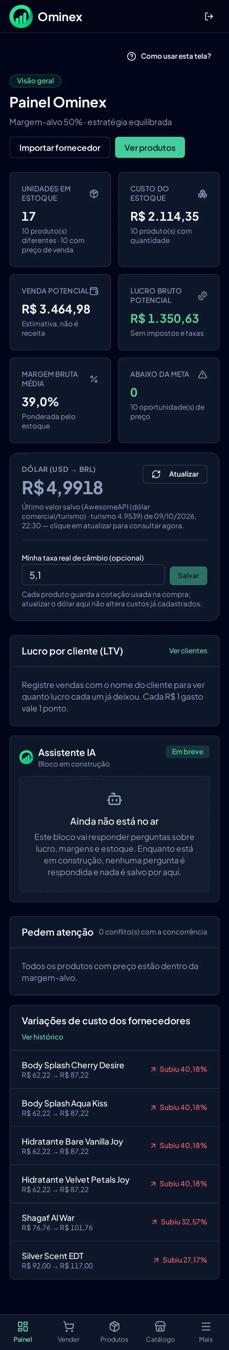 Tela real de Painel da Ominex no celular. Nomes de pessoas fictícios.